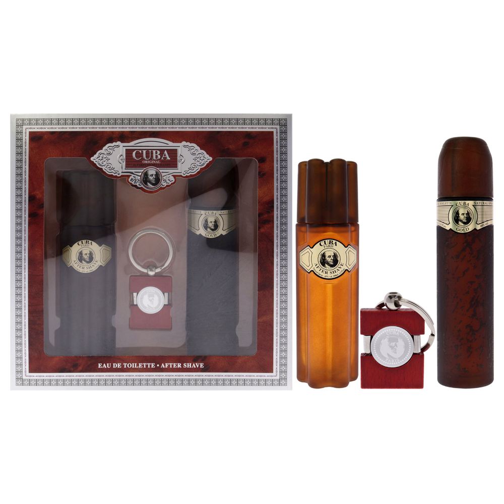 Cuba Gold by Cuba for Men 3 Pc Set 3.3oz EDT Spray, 3.3oz After Shave, Keychain